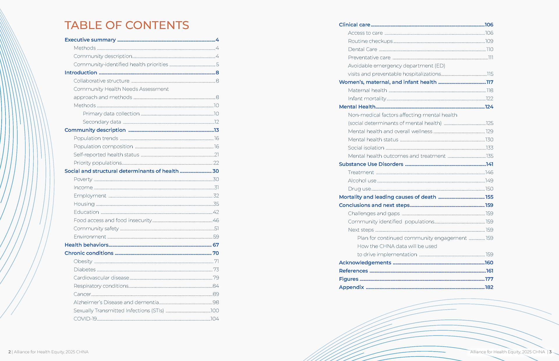 Open spread of a Community Health Needs Assessment report featuring bold section headings, color-coded charts, bar graphs, data tables, and community photography arranged in a clean grid layout.
